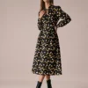 The Black Tie Neck Floral Ruched Midi Dress