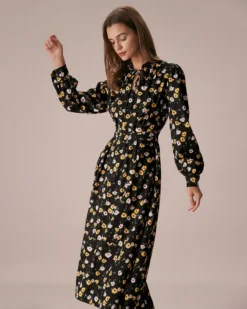 The Black Tie Neck Floral Ruched Midi Dress -Deals Dress N Swimwear Store the black tie neck floral midi dress dresses 3hd0qf