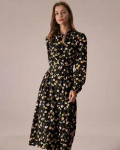 The Black Tie Neck Floral Ruched Midi Dress -Deals Dress N Swimwear Store the black tie neck floral midi dress dresses dgfq3p