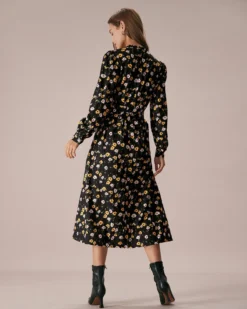 The Black Tie Neck Floral Ruched Midi Dress -Deals Dress N Swimwear Store the black tie neck floral midi dress dresses meweak