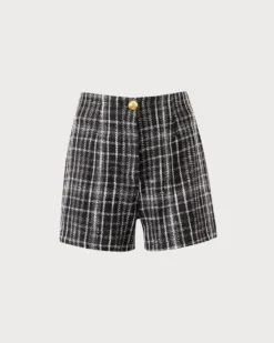 The Black Tweed Plaid Single Button Shorts 10 The Black Tweed Plaid Single Button Shorts -Deals Dress N Swimwear Store the black tweed plaid single button shorts bottoms aqeorp