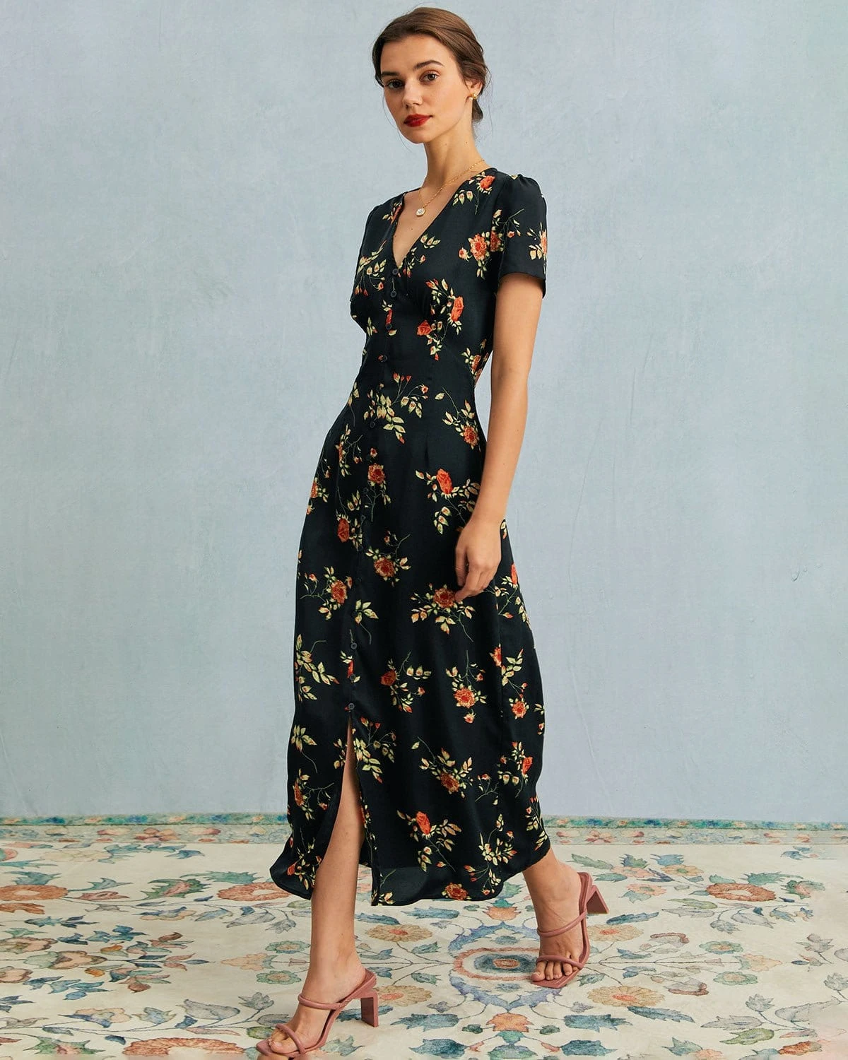 The Black V Neck Floral Short Sleeve Maxi Dress 1 The Black V Neck Floral Short Sleeve Maxi Dress