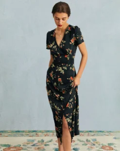 The Black V Neck Floral Short Sleeve Maxi Dress 12 The Black V Neck Floral Short Sleeve Maxi Dress -Deals Dress N Swimwear Store the black v neck button detail floral maxi dress dresses exocdd 347326