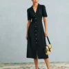 The Black V Neck Button Puff Sleeve Midi Dress