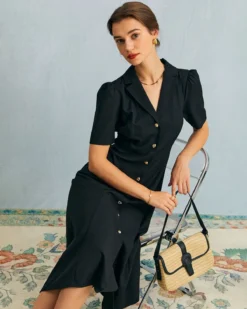 The Black V Neck Button Puff Sleeve Midi Dress -Deals Dress N Swimwear Store the black v neck button up midi dress dresses 9pqz4b 900436