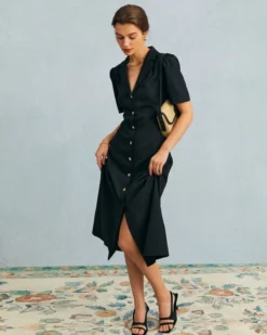 The Black V Neck Button Puff Sleeve Midi Dress -Deals Dress N Swimwear Store the black v neck button up midi dress dresses b2j9fe 638040