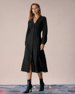 The Black V Neck Cutout Embroidery Midi Dress -Deals Dress N Swimwear Store the black v neck embroidery midi dress dresses xg8chp