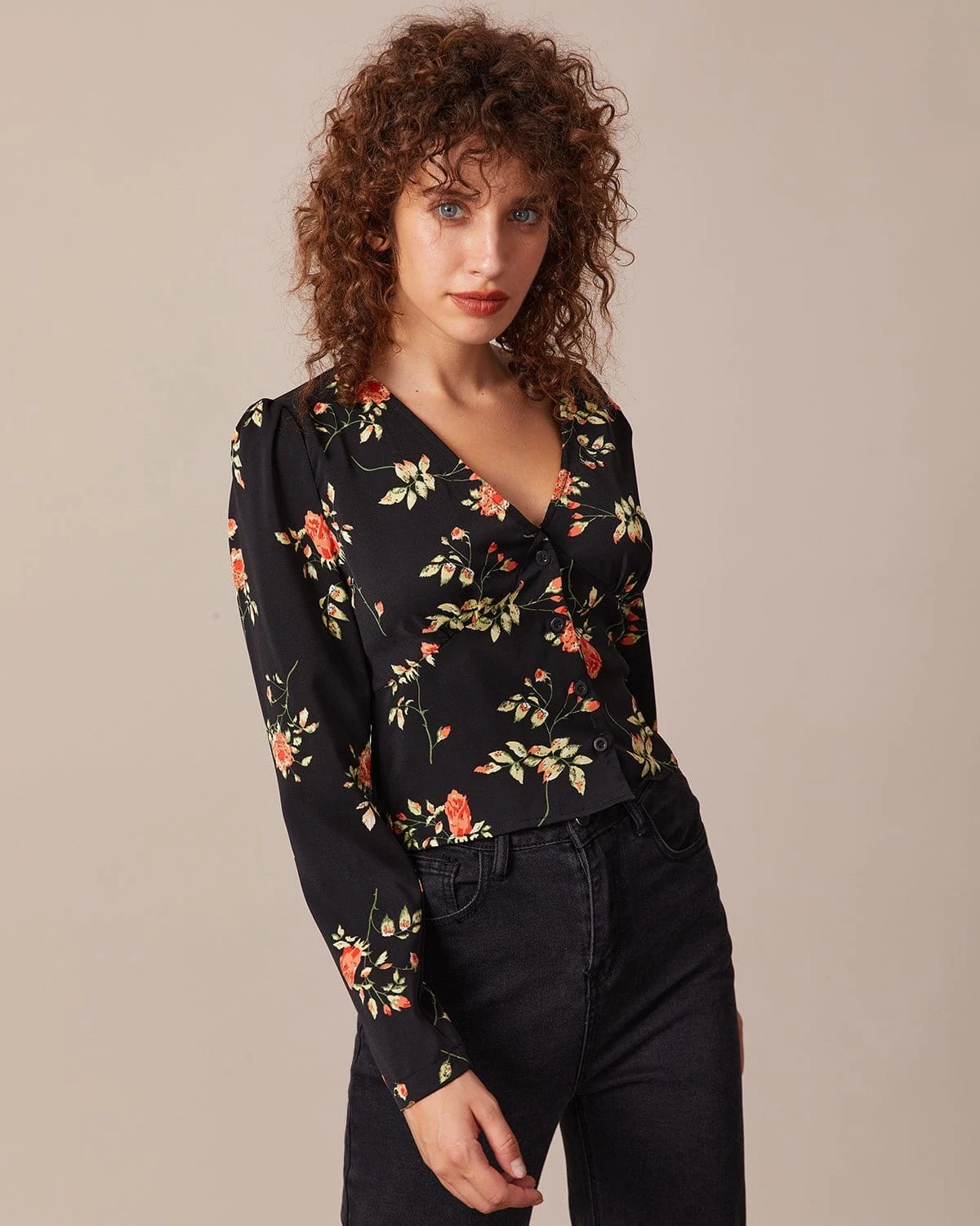 The Black V Neck Floral Button Up Blouse 2 The Black V Neck Floral Button Up Blouse - Image 2