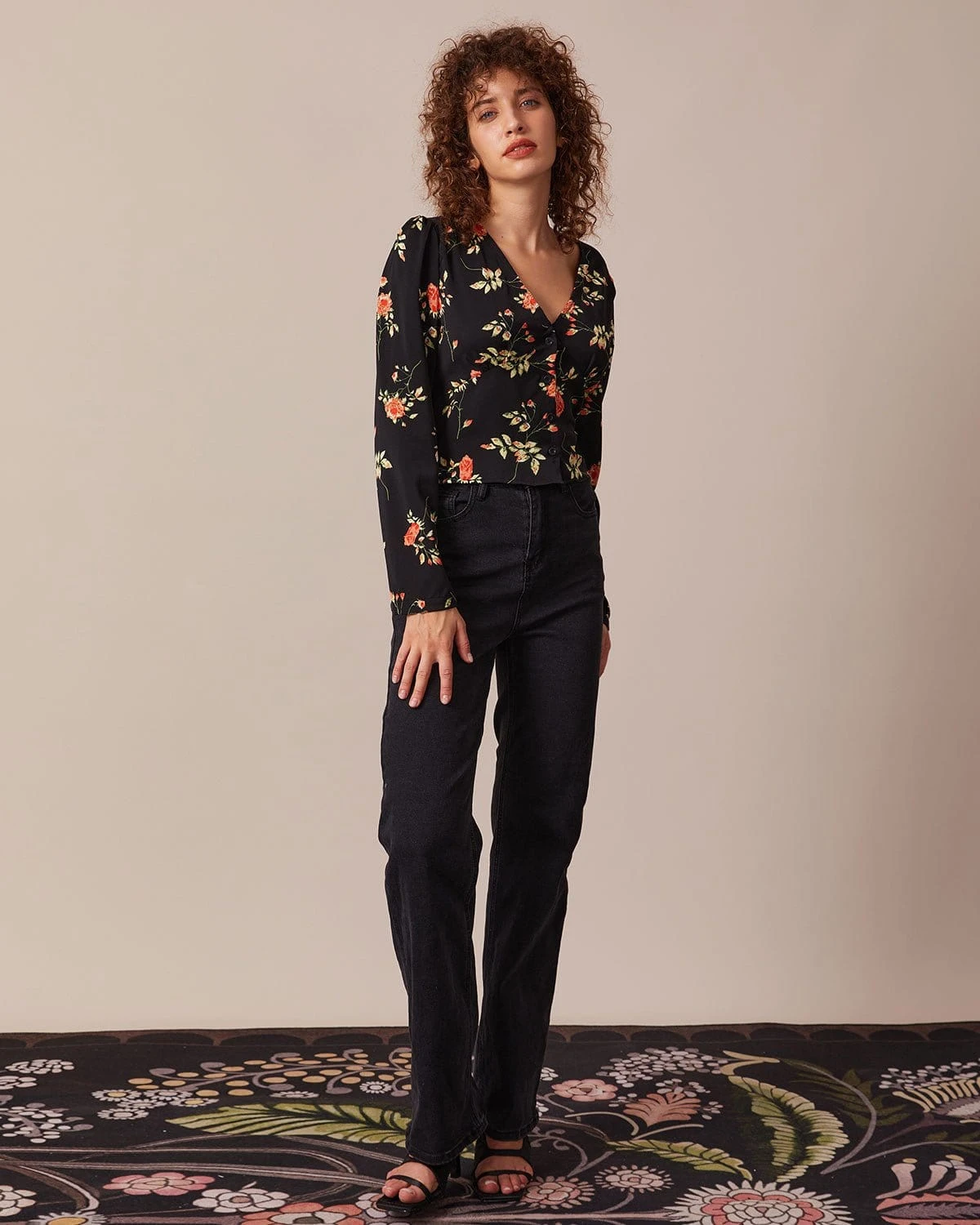 The Black V Neck Floral Button Up Blouse 3 The Black V Neck Floral Button Up Blouse - Image 3