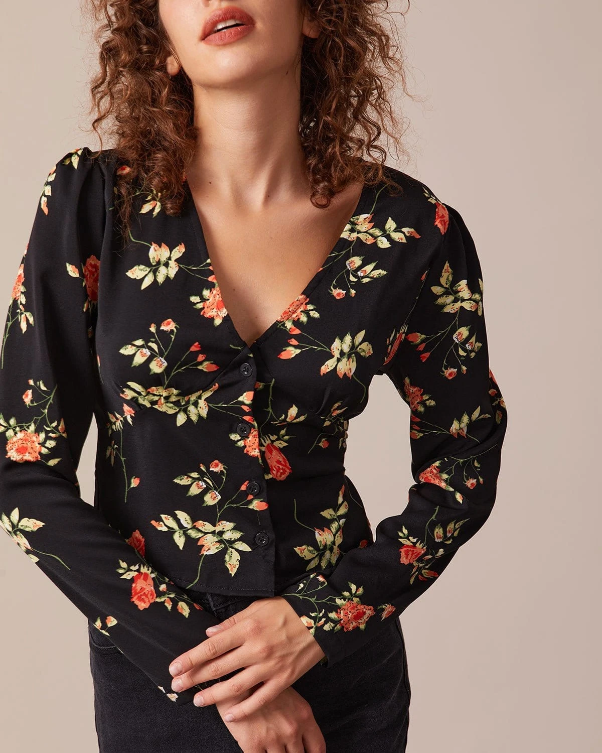 The Black V Neck Floral Button Up Blouse 1 The Black V Neck Floral Button Up Blouse