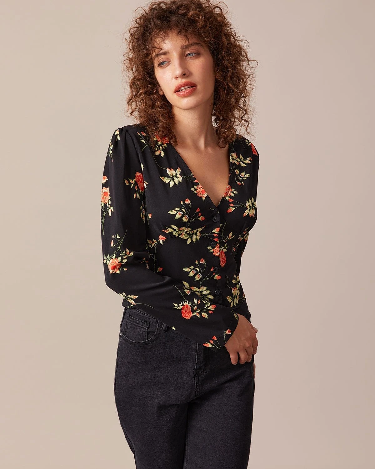 The Black V Neck Floral Button Up Blouse 4 The Black V Neck Floral Button Up Blouse - Image 4