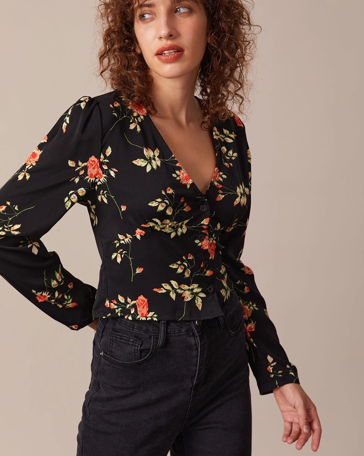 The Black V Neck Floral Button Up Blouse 5 The Black V Neck Floral Button Up Blouse - Image 5