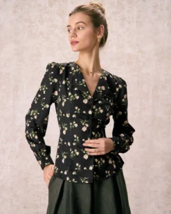 The Black V Neck Floral Long Sleeve Shirt