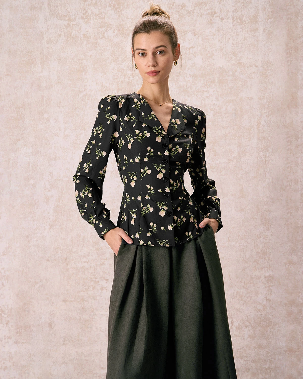 The Black V Neck Floral Long Sleeve Shirt 2 The Black V Neck Floral Long Sleeve Shirt - Image 2