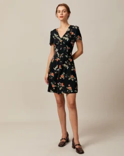 The Black V Neck Floral Button Up Mini Dress -Deals Dress N Swimwear Store the black v neck floral mini dress dresses eifvjw 460255