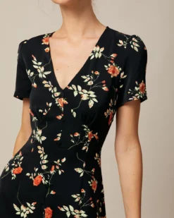 The Black V Neck Floral Button Up Mini Dress -Deals Dress N Swimwear Store the black v neck floral mini dress dresses fseosw 637825
