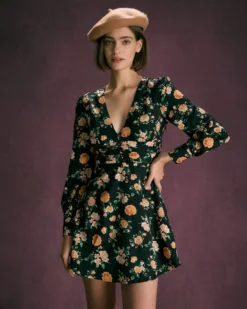 The Black V Neck Floral Pleated Mini Dress