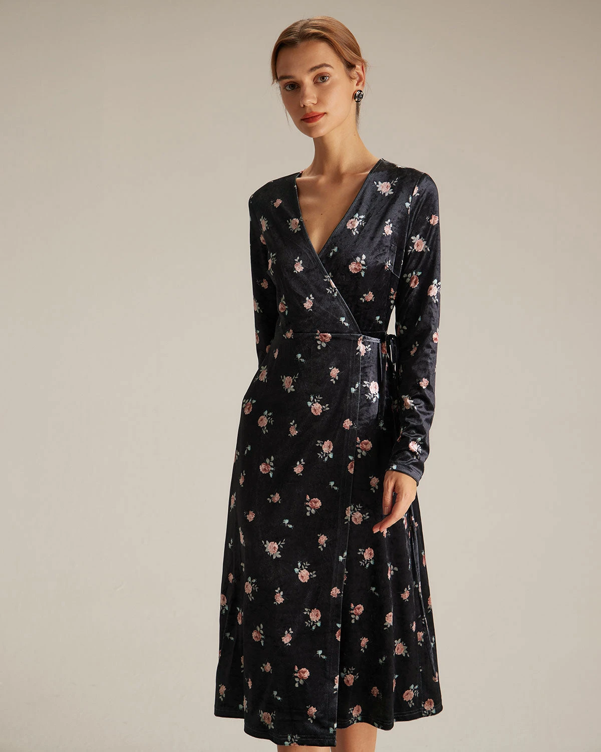 The Black V Neck Floral Velvet Wrap Midi Dress 5 The Black V Neck Floral Velvet Wrap Midi Dress - Image 5