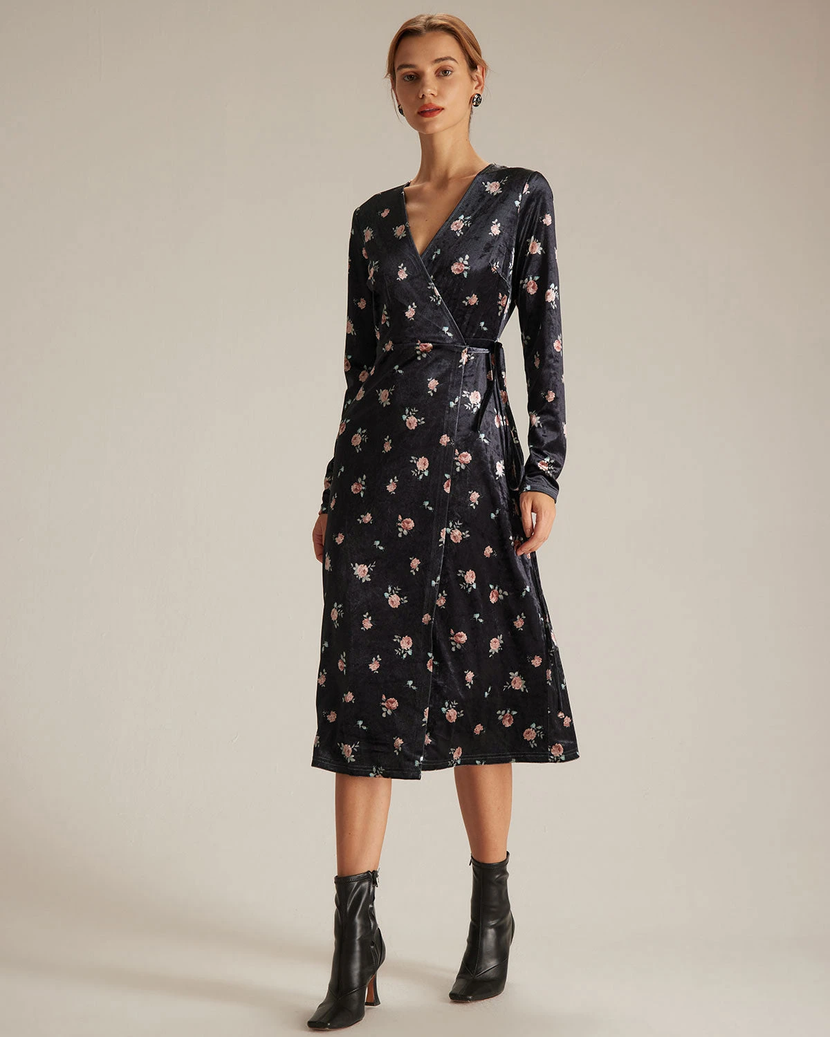 The Black V Neck Floral Velvet Wrap Midi Dress 4 The Black V Neck Floral Velvet Wrap Midi Dress - Image 4