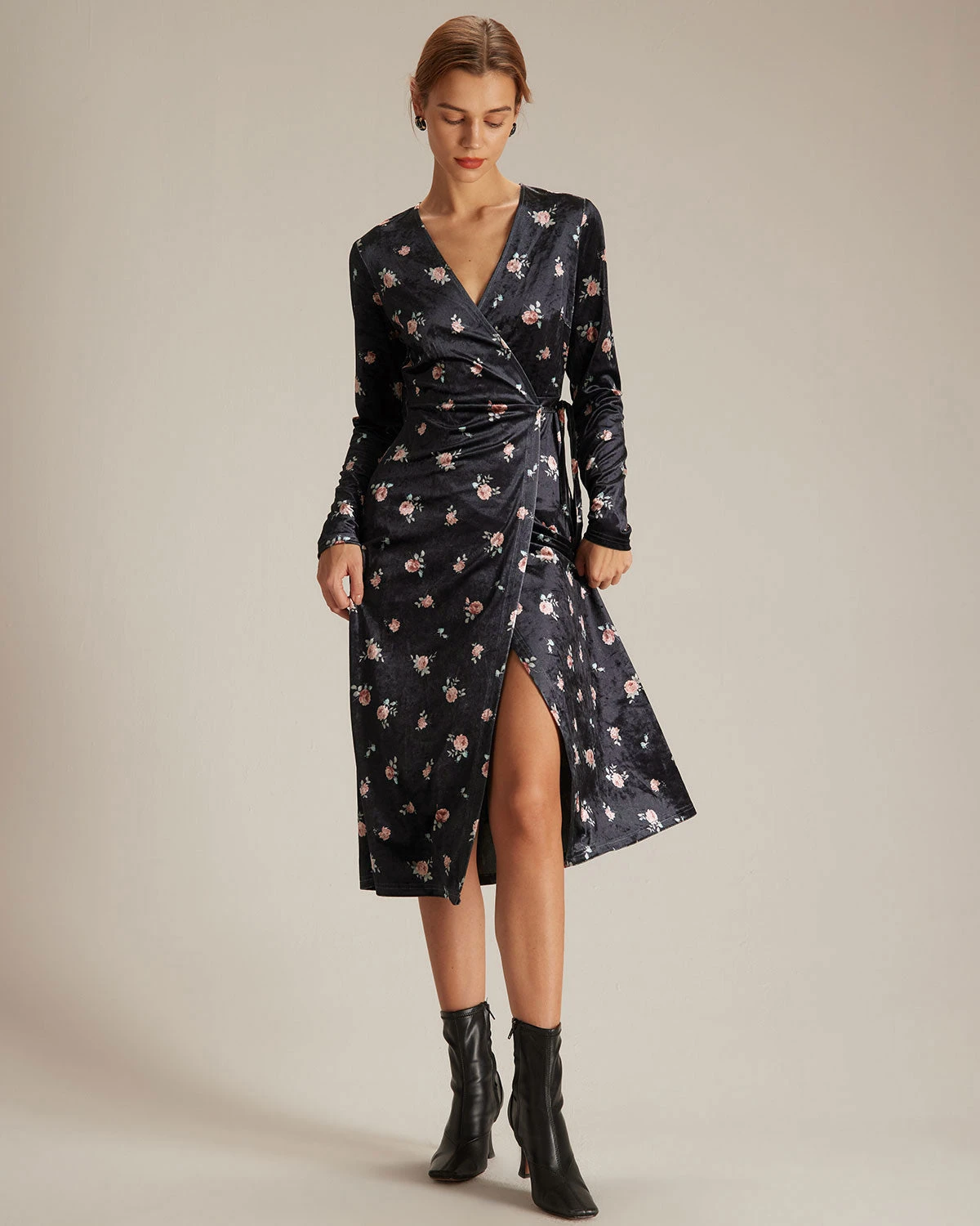 The Black V Neck Floral Velvet Wrap Midi Dress 2 The Black V Neck Floral Velvet Wrap Midi Dress - Image 2