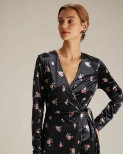 The Black V Neck Floral Velvet Wrap Midi Dress 8 The Black V Neck Floral Velvet Wrap Midi Dress -Deals Dress N Swimwear Store the black v neck floral velvet midi dress dresses vf3nfp