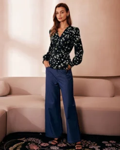 The Black V Neck Floral Shirred Wrap Blouse -Deals Dress N Swimwear Store the black v neck floral wrap blouse tops t9hcer 719654