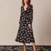 The Black V Neck Floral Wrap Midi Dress