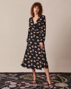 The Black V Neck Floral Wrap Midi Dress