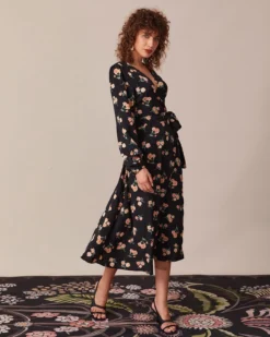 The Black V Neck Floral Wrap Midi Dress -Deals Dress N Swimwear Store the black v neck floral wrap dress dresses v9ptth 589866