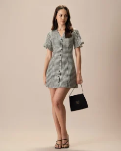 The Black V Neck Plaid Cotton Mini Dress -Deals Dress N Swimwear Store the black v neck plaid ruffle mini dress dresses 4mbuh1