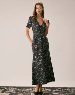 The Black V Neck Floral Puff Sleeve Maxi Dress