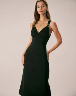 The Black V Neck Ruched Satin Midi Dress -Deals Dress N Swimwear Store the black v neck satin midi dress black dresses gz7dbq