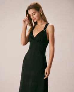 The Black V Neck Ruched Satin Midi Dress -Deals Dress N Swimwear Store the black v neck satin midi dress dresses ijdtqa