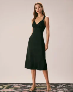 The Black V Neck Ruched Satin Midi Dress -Deals Dress N Swimwear Store the black v neck satin midi dress dresses jdbmd7