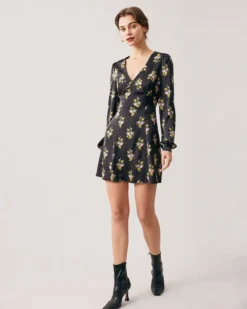 The Black V Neck Satin Long Sleeve Mini Dress 8 The Black V Neck Satin Long Sleeve Mini Dress -Deals Dress N Swimwear Store the black v neck satin mini dress dresses mdyize 131913