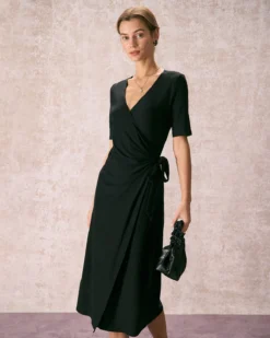 The Black V Neck Tie Waist Wrap Midi Dress -Deals Dress N Swimwear Store the black v neck solid wrap midi dress black dresses 4jkixp