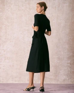 The Black V Neck Tie Waist Wrap Midi Dress -Deals Dress N Swimwear Store the black v neck solid wrap midi dress dresses 0kzfen