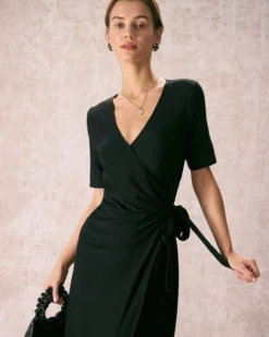 The Black V Neck Tie Waist Wrap Midi Dress -Deals Dress N Swimwear Store the black v neck solid wrap midi dress dresses g0ychu