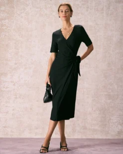 The Black V Neck Tie Waist Wrap Midi Dress