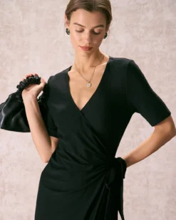 The Black V Neck Tie Waist Wrap Midi Dress -Deals Dress N Swimwear Store the black v neck solid wrap midi dress dresses mqtqyt