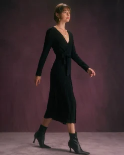 The Black V Neck Tie Wrap Knit Midi Dress -Deals Dress N Swimwear Store the black wrap knit midi dress dresses 5fxjaf