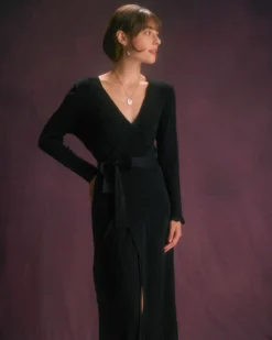 The Black V Neck Tie Wrap Knit Midi Dress -Deals Dress N Swimwear Store the black wrap knit midi dress dresses a7imkx