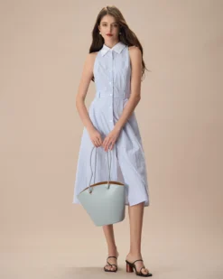 The Blue Lapel Button-Up Striped Midi Dress -Deals Dress N Swimwear Store the blue lapel striped midi dress dresses 3ehnrn