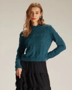 The Blue Mock Neck Wave Cut Pointelle Knit Top
