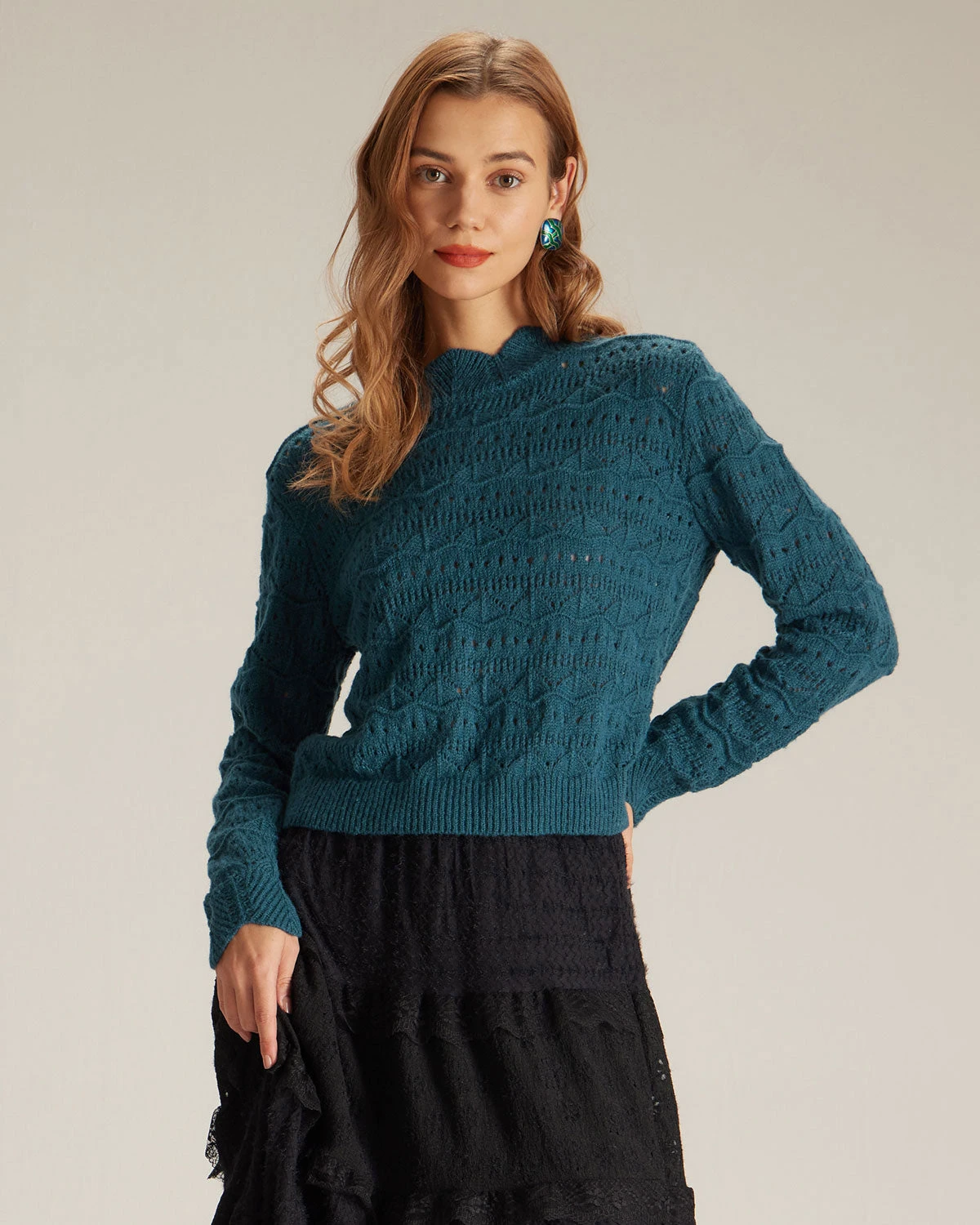 The Blue Mock Neck Wave Cut Pointelle Knit Top 1 The Blue Mock Neck Wave Cut Pointelle Knit Top
