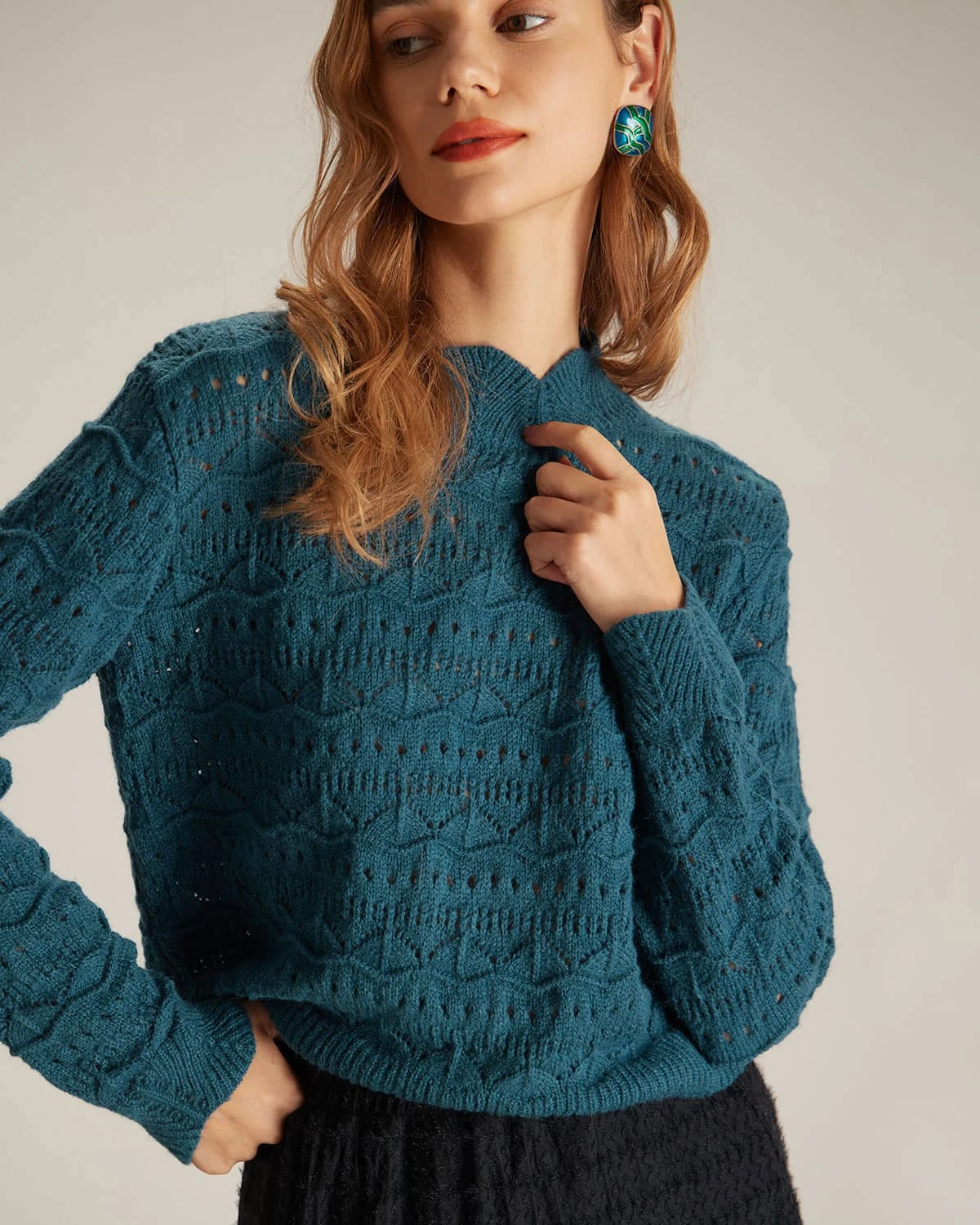 The Blue Mock Neck Wave Cut Pointelle Knit Top 4 The Blue Mock Neck Wave Cut Pointelle Knit Top - Image 4