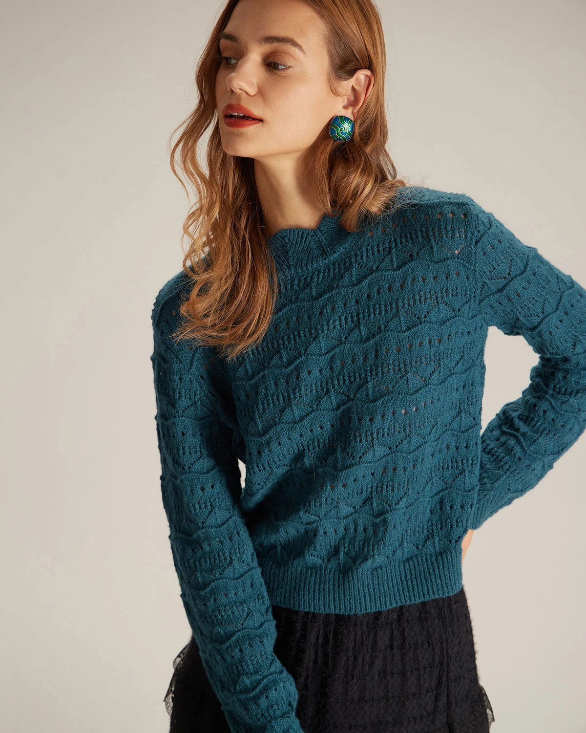The Blue Mock Neck Wave Cut Pointelle Knit Top 3 The Blue Mock Neck Wave Cut Pointelle Knit Top - Image 3