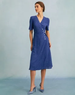 The Blue V Neck Polka Dot Wrap Midi Dress