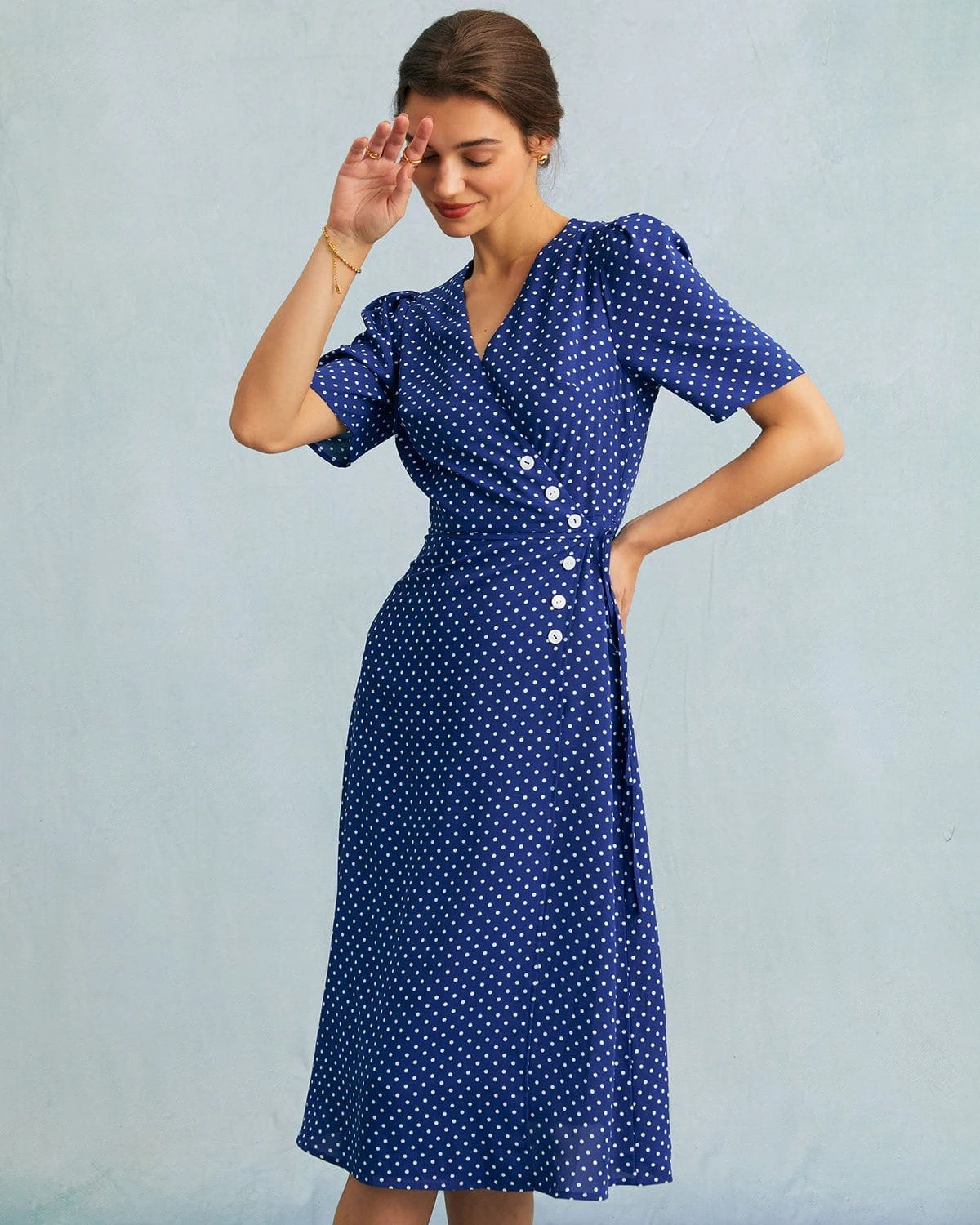 The Blue V Neck Polka Dot Wrap Midi Dress 2 The Blue V Neck Polka Dot Wrap Midi Dress - Image 2