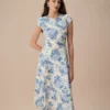 The Blue Round Neck Cap Sleeve Floral Midi Dress